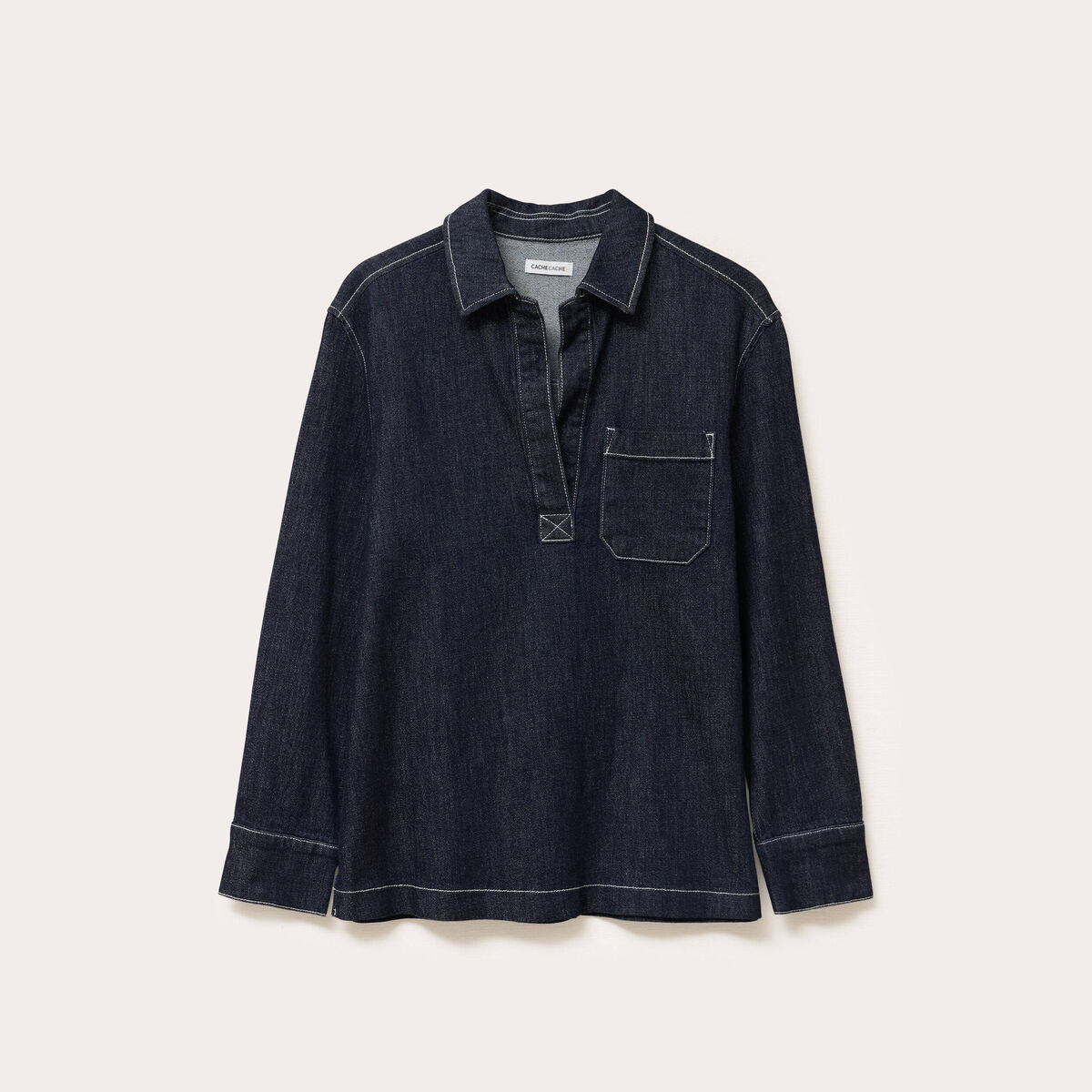 Blouse col chemise manches longues denim brut femme