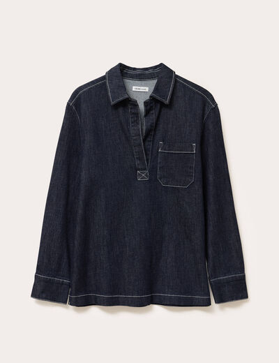 Blouse col chemise manches longues denim brut femme