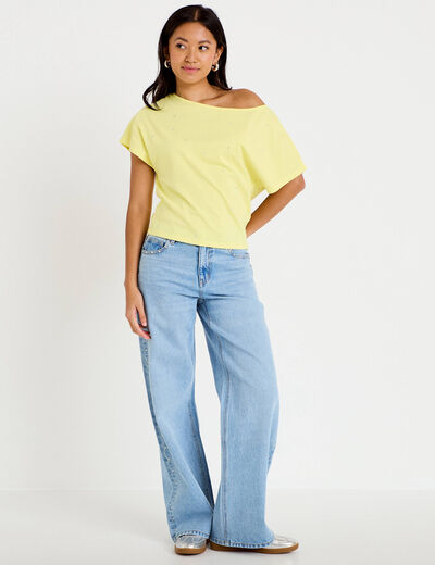Jean wide leg d&eacute;tails clout&eacute;s denim bleach femme