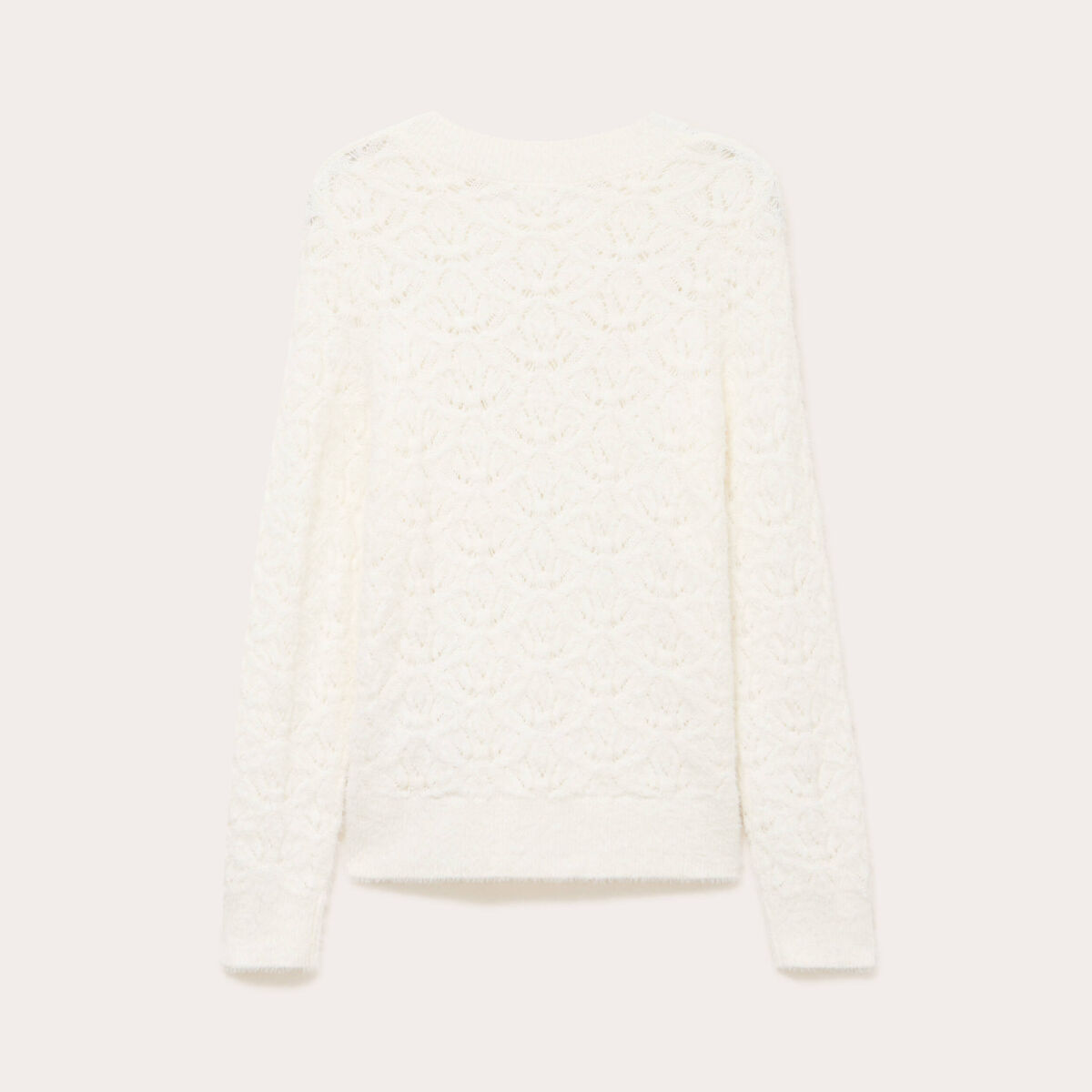 Pull ajour&eacute; col rond manches longues ecru femme