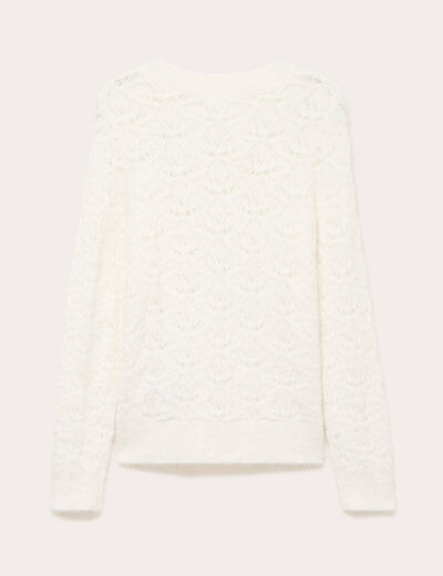 Pull ajour&eacute; col rond manches longues ecru femme