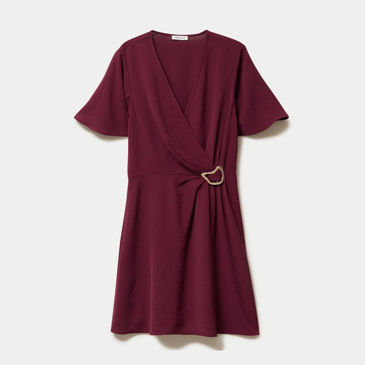Robe courte &eacute;vas&eacute;e col v manches courtes bordeaux femme