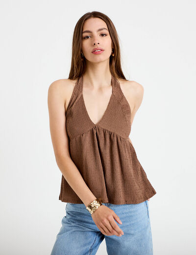 Top d&eacute;collet&eacute; sans manches pliss&eacute; marron fonc&eacute; femme