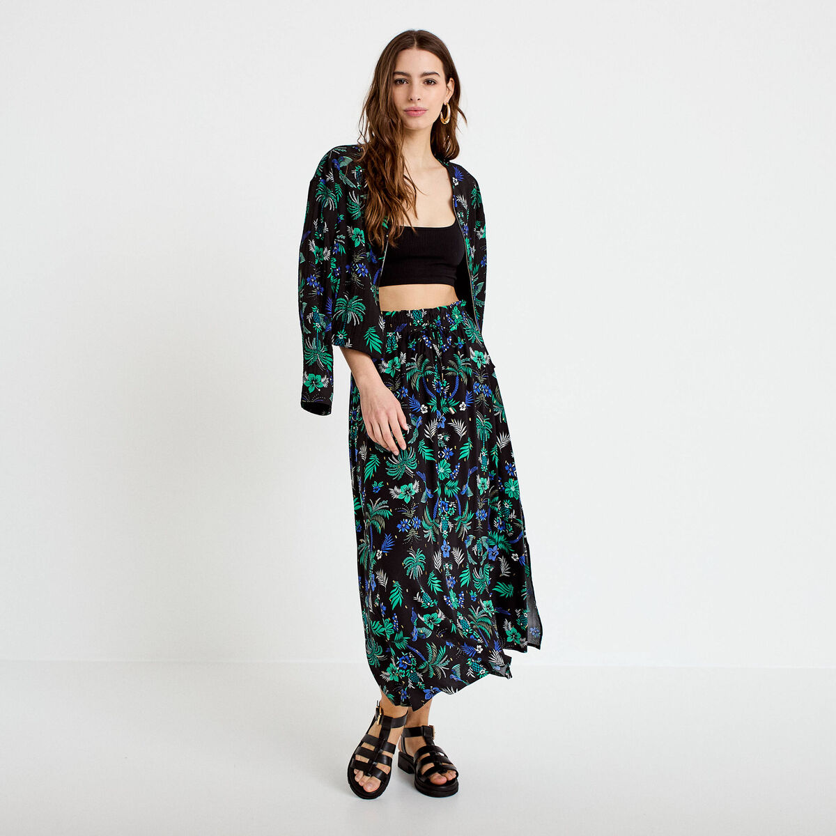 Jupe longue &eacute;vas&eacute;e taille haute noir femme