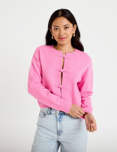 Gilet col rond manches longues avec lien rose clair femme
