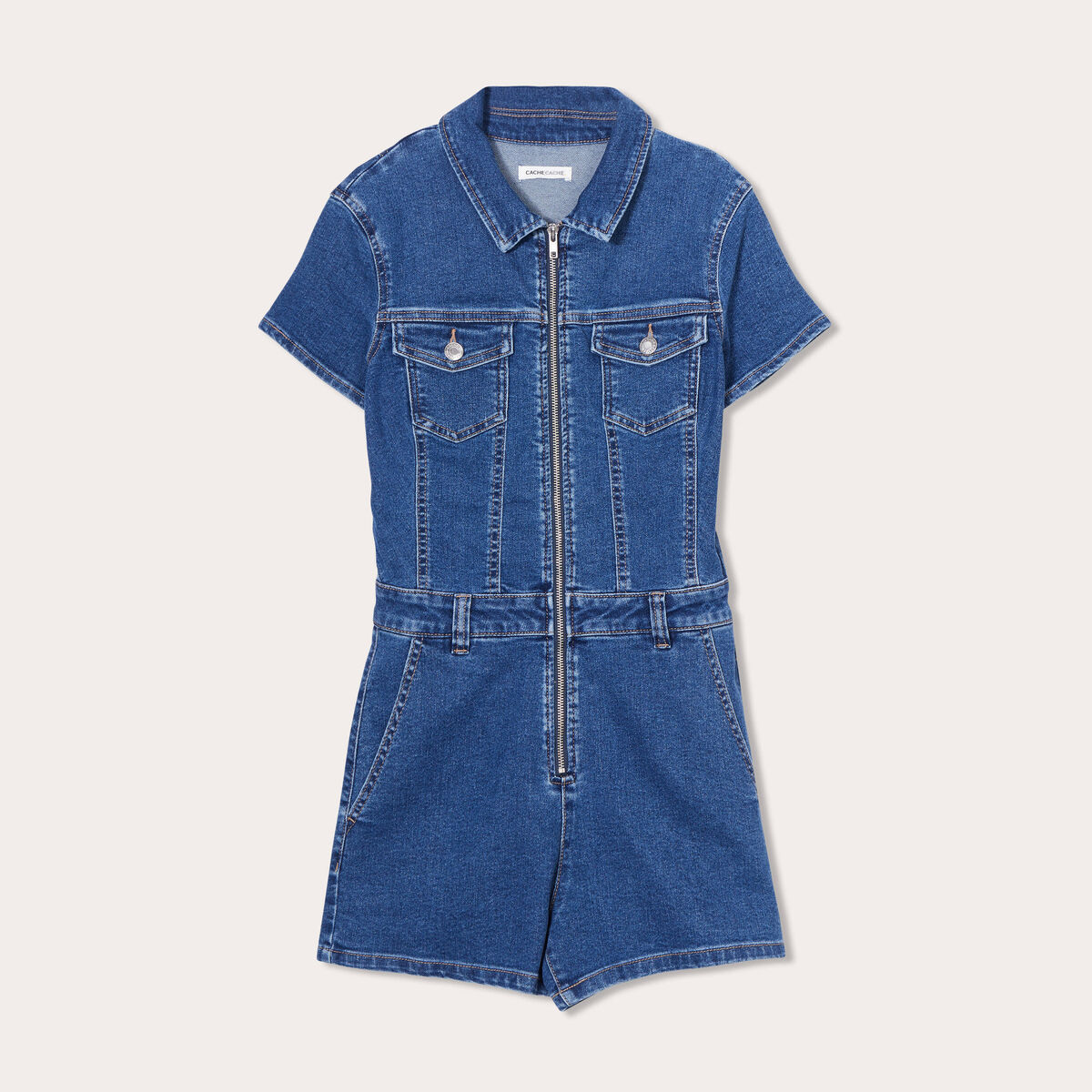 Combishort zipp&eacute;e en jean denim double stone femme