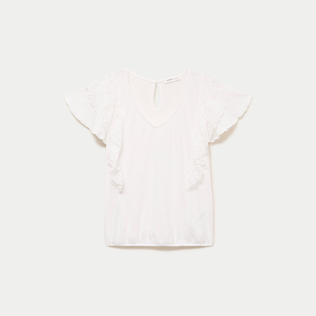 Blouse col v manches courtes dentelle ecru femme