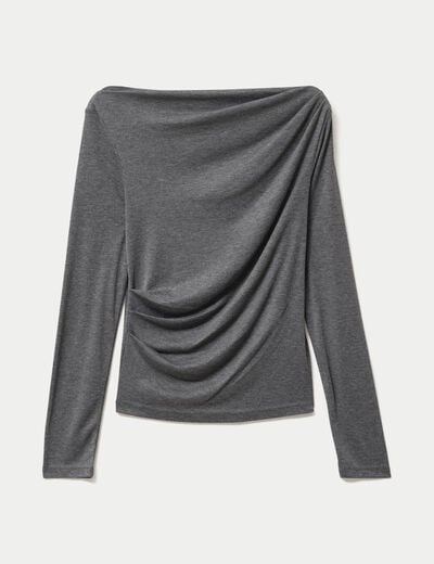 T-shirt col b&eacute;nitier manches longues gris fonc&eacute; femme