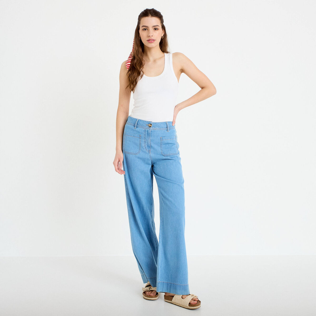 Jean wide leg taille standard denim bleach femme