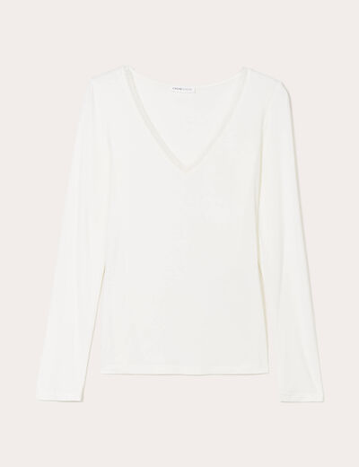T-shirt thermique col en V plumetis ecru femme