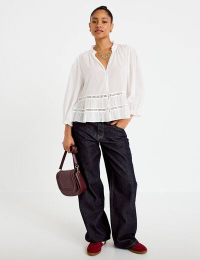 Blouse cintr&eacute;e col v manches 3/4 ecru femme