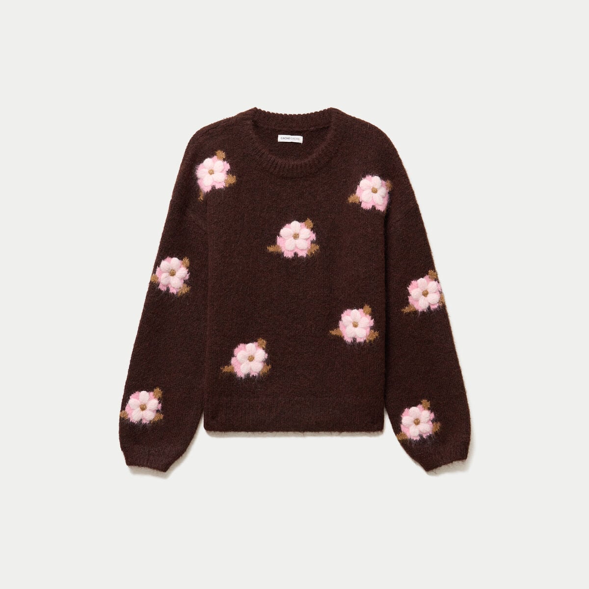 Pull ample col rond manches longues marron fonc&eacute; femme