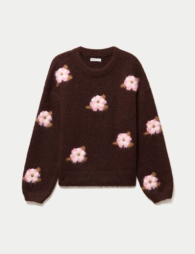 Pull ample col rond manches longues marron fonc&eacute; femme