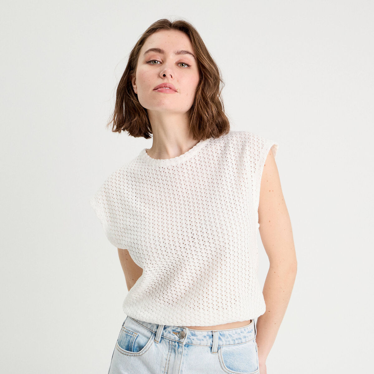 D&eacute;bardeur ajour&eacute; ecru femme