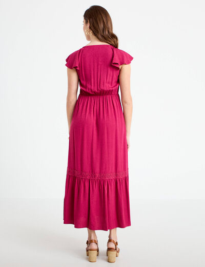 Robe longue &eacute;vas&eacute;e col v manches courtes rouge femme