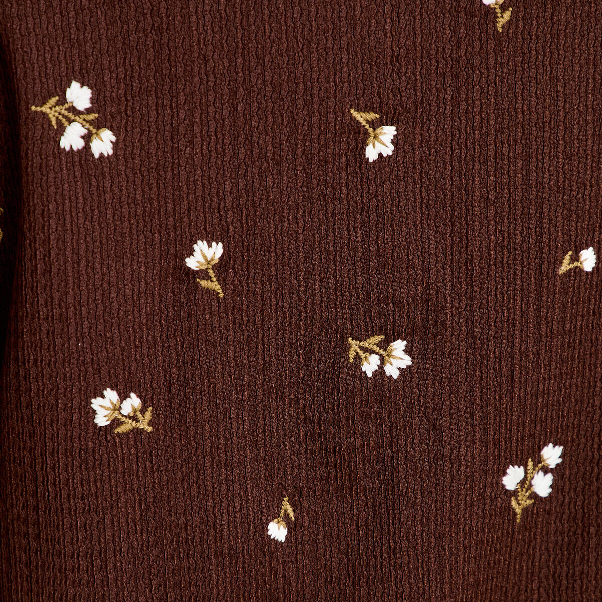 Chemise droite broderie manches longues marron fonc&eacute; femme