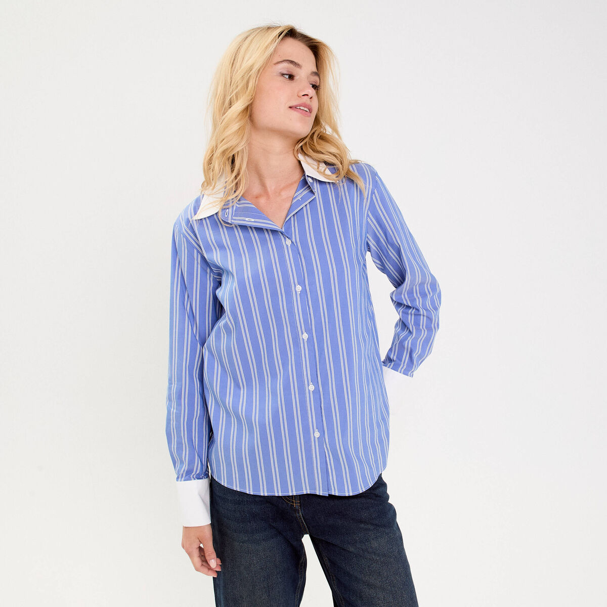 Chemise droite longue manches longues bleu lavande femme