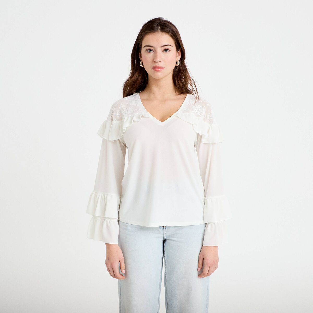 Blouse col v manches longues dentelle ecru femme