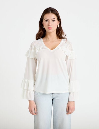 Blouse col v manches longues dentelle ecru femme