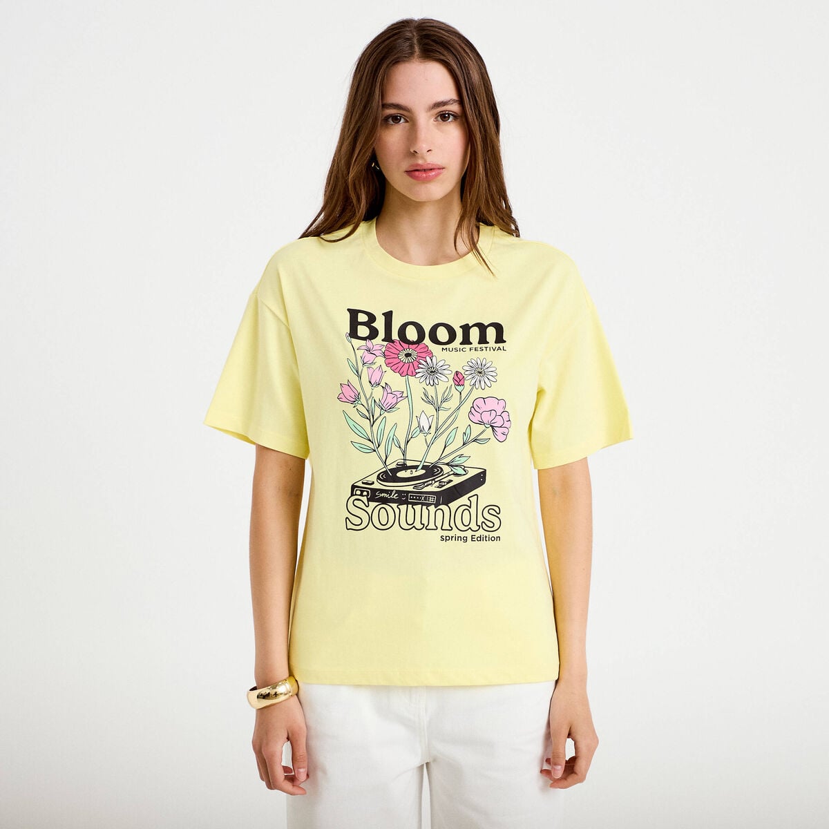 T-shirt oversize manches courtes jaune pastel femme