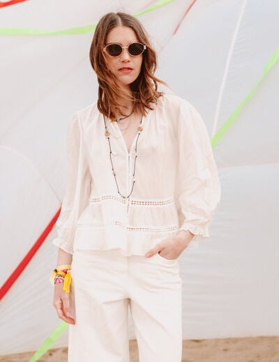 Blouse cintr&eacute;e col v manches 3/4 ecru femme