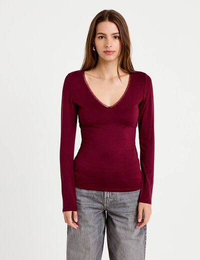 T-shirt thermique col en V plumetis bordeaux femme