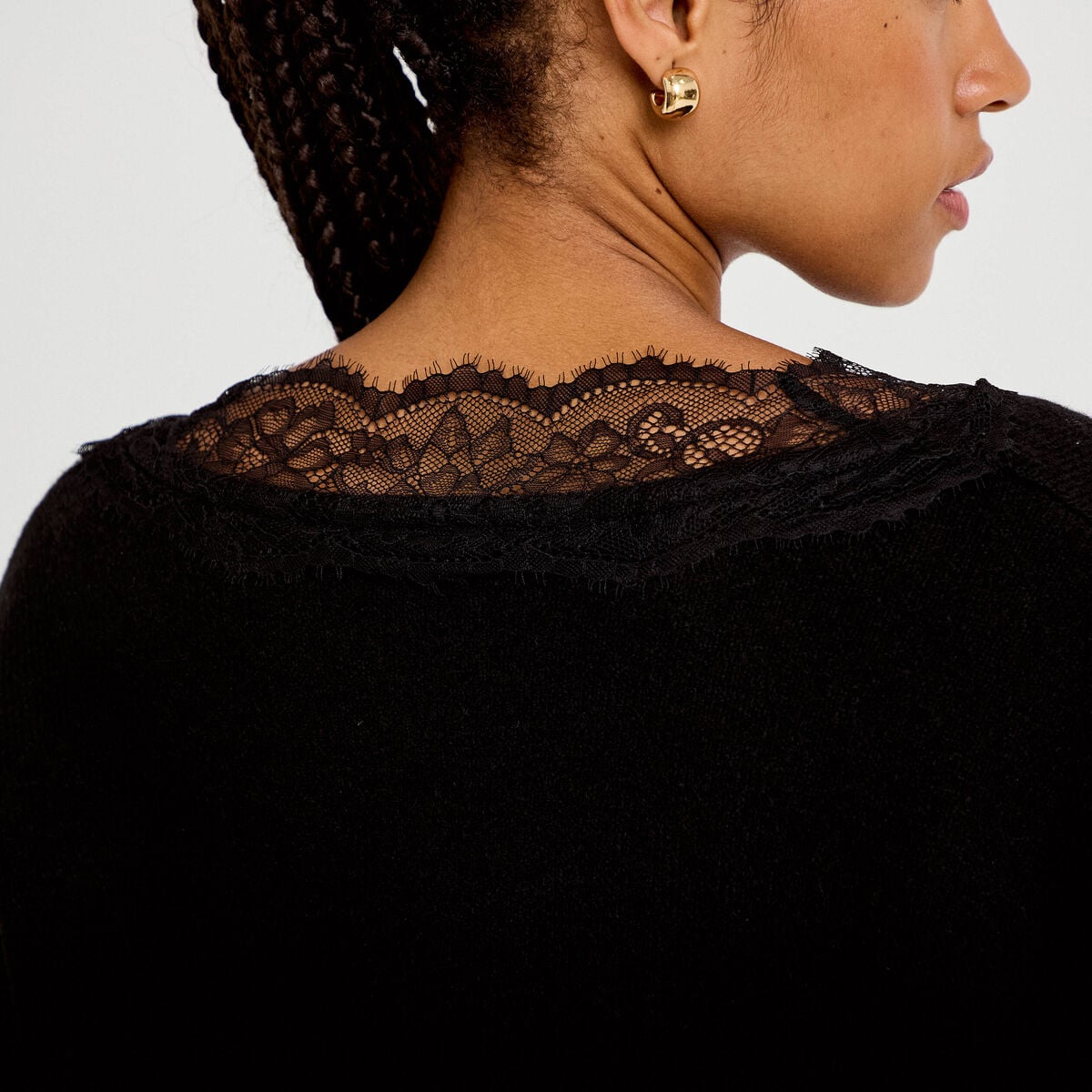 Pull col v manches longues dentelle noir femme