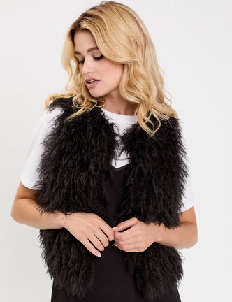 Gilet court sans manches fausse fourrure noir femme