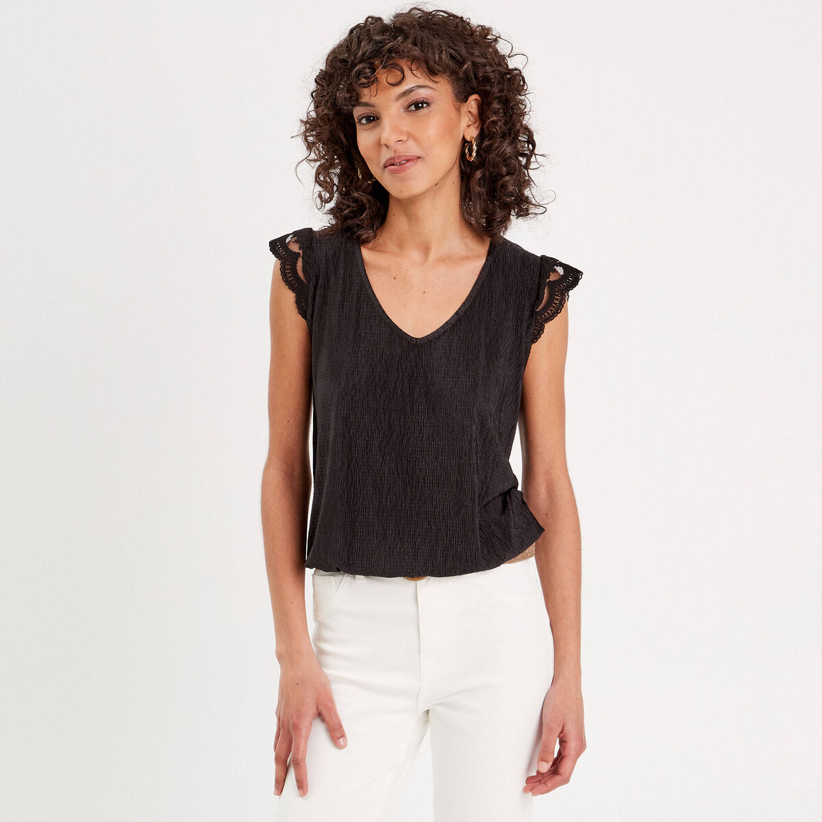 Blouse sans manches pliss&eacute;e noir femme