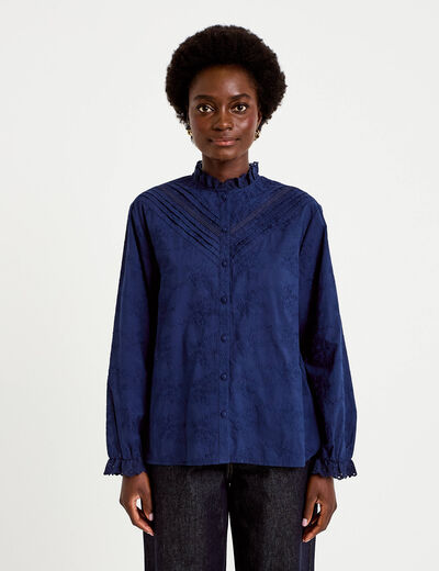 Blouse ample col montant manches longues bleu marine femme