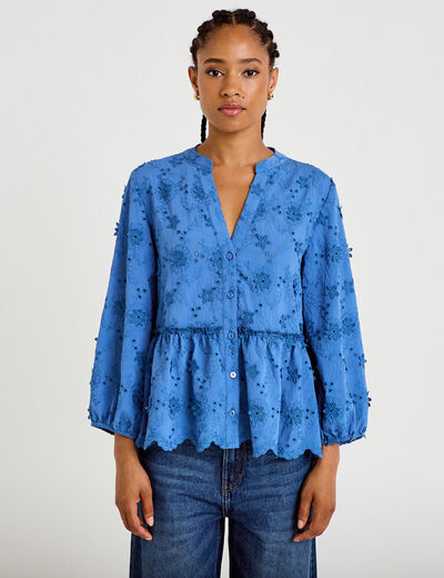 Blouse &agrave; motif en relief bleu fonc&eacute; femme