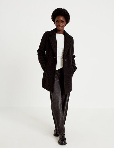 Manteau droit mi-long col tailleur noir femme