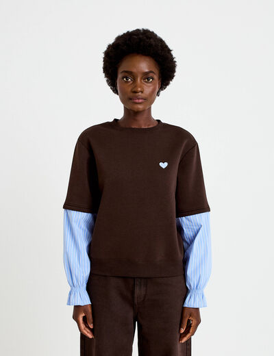 Sweat bi-mati&egrave;re manches longues marron fonc&eacute; femme