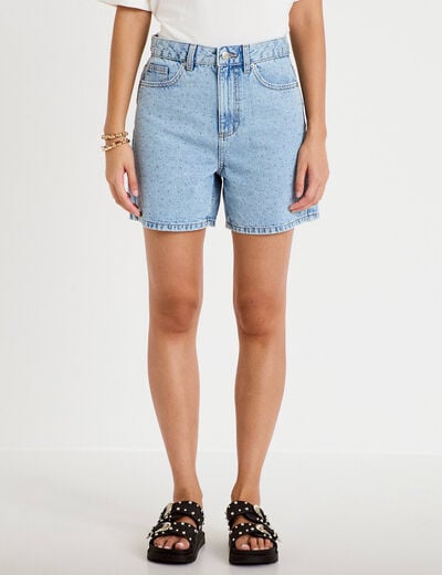 Short mom taille haute en jean strass denim triple stone femme