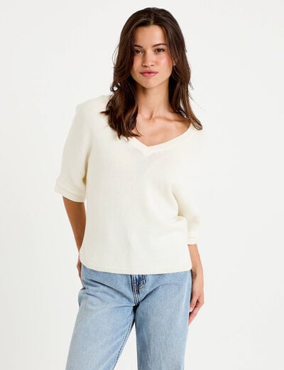Pull ample col v manches courtes blanc femme