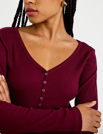 T-shirt c&ocirc;tel&eacute; ajust&eacute; manches longues bordeaux femme