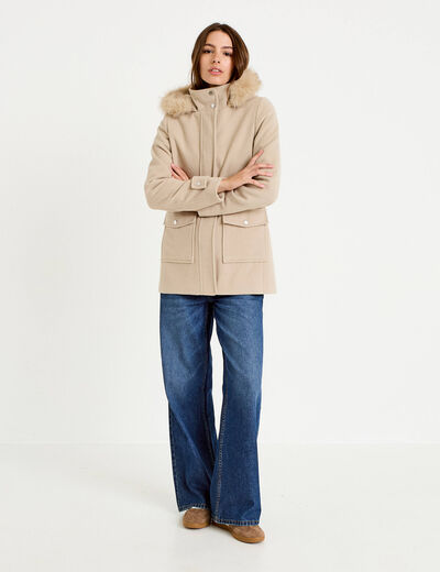 Manteau mi-long &agrave; capuche beige femme