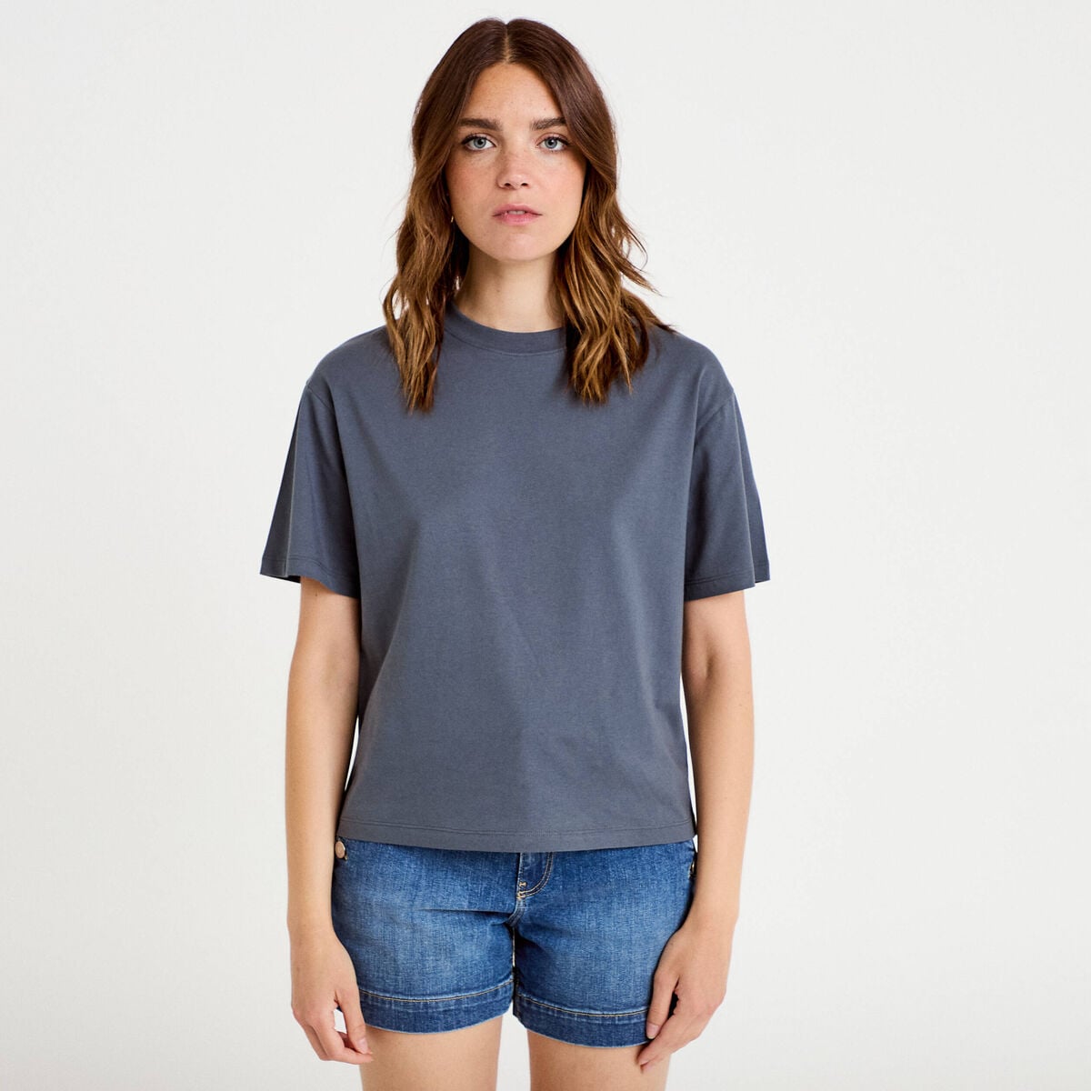T-shirt col rond manches courtes gris femme