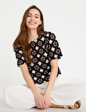 T-shirt manches courtes aspect dentelle ecru femme