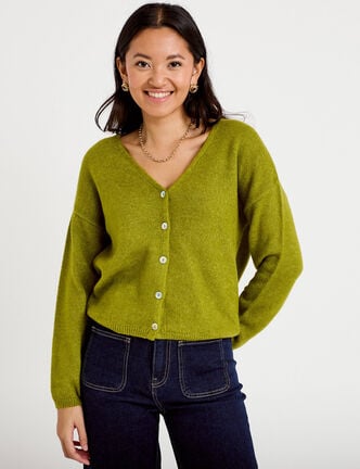 Gilet boutonn&eacute; avec col en V vert fonc&eacute; femme