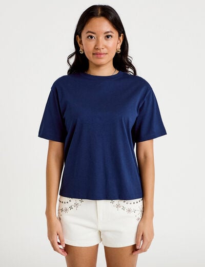 T-shirt col rond manches courtes bleu fonc&eacute; femme