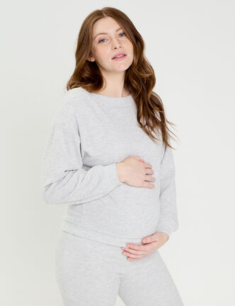 Sweat duveteux col rond manches longues gris clair femme