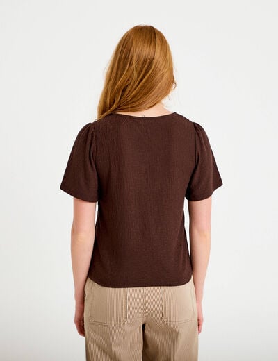 T-shirt manches courtes aspect dentelle marron fonc&eacute; femme