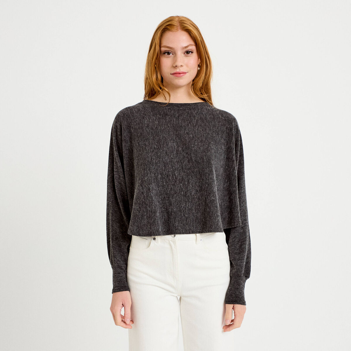 Cape boyfriend cropped col rond gris fonc&eacute; femme