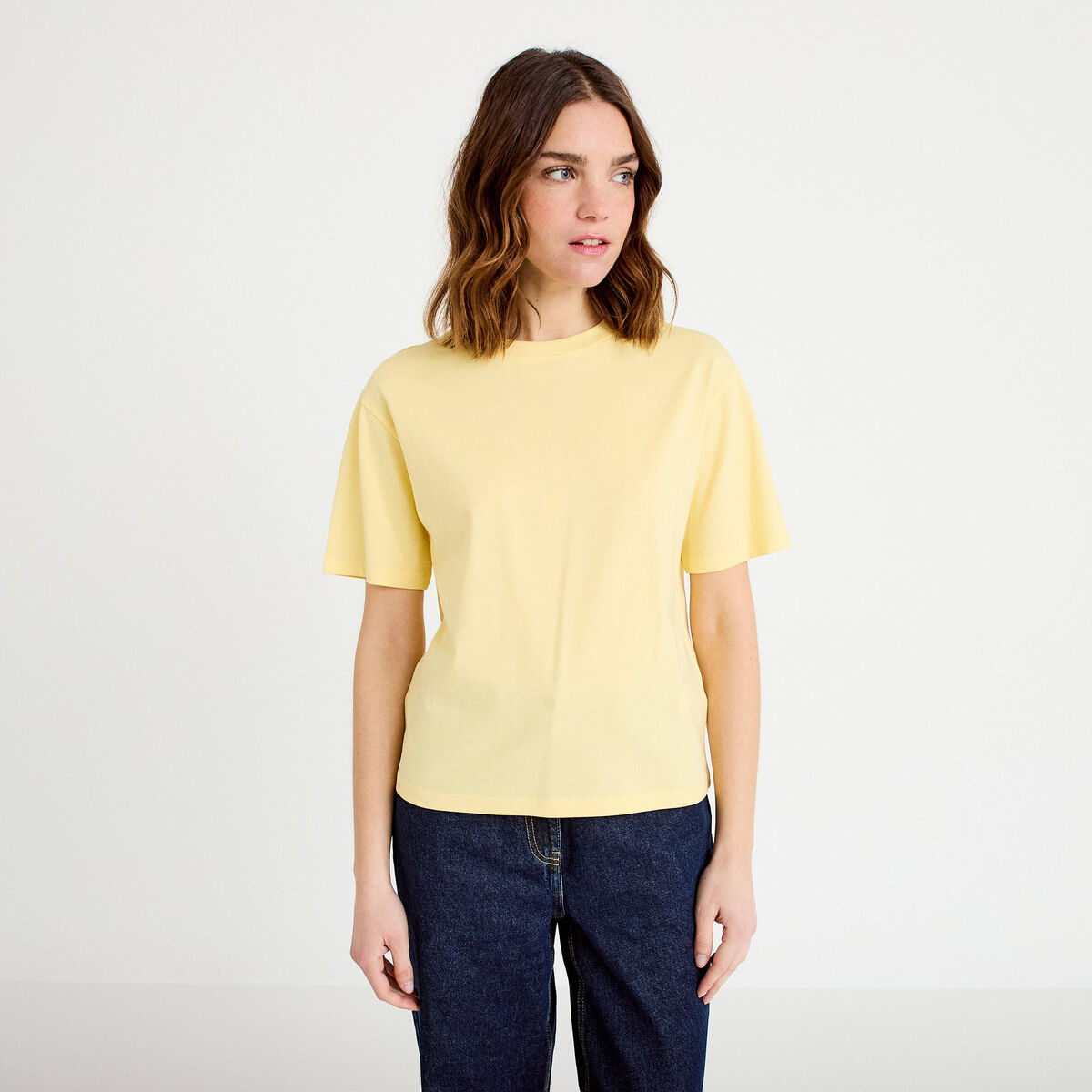 T-shirt col rond manches courtes jaune clair femme