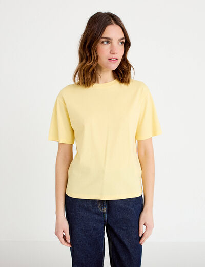 T-shirt col rond manches courtes jaune clair femme