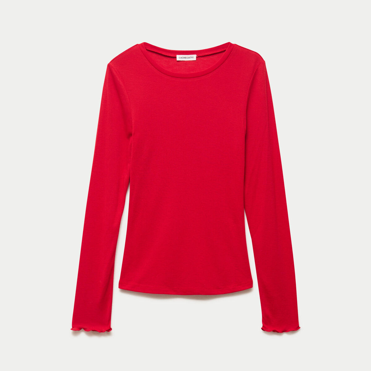 T-shirt ajust&eacute; col rond manches longues rouge femme