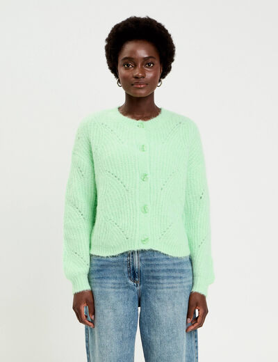 Gilet ajour&eacute; manches longues vert pastel femme