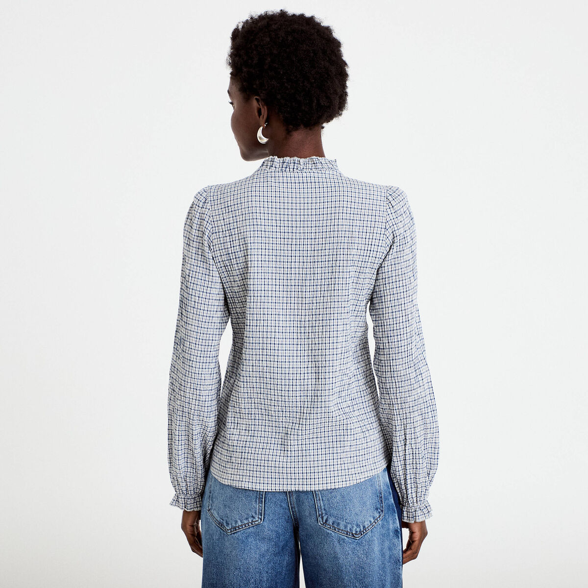 Chemise droite manches longues bleu fonc&eacute; femme