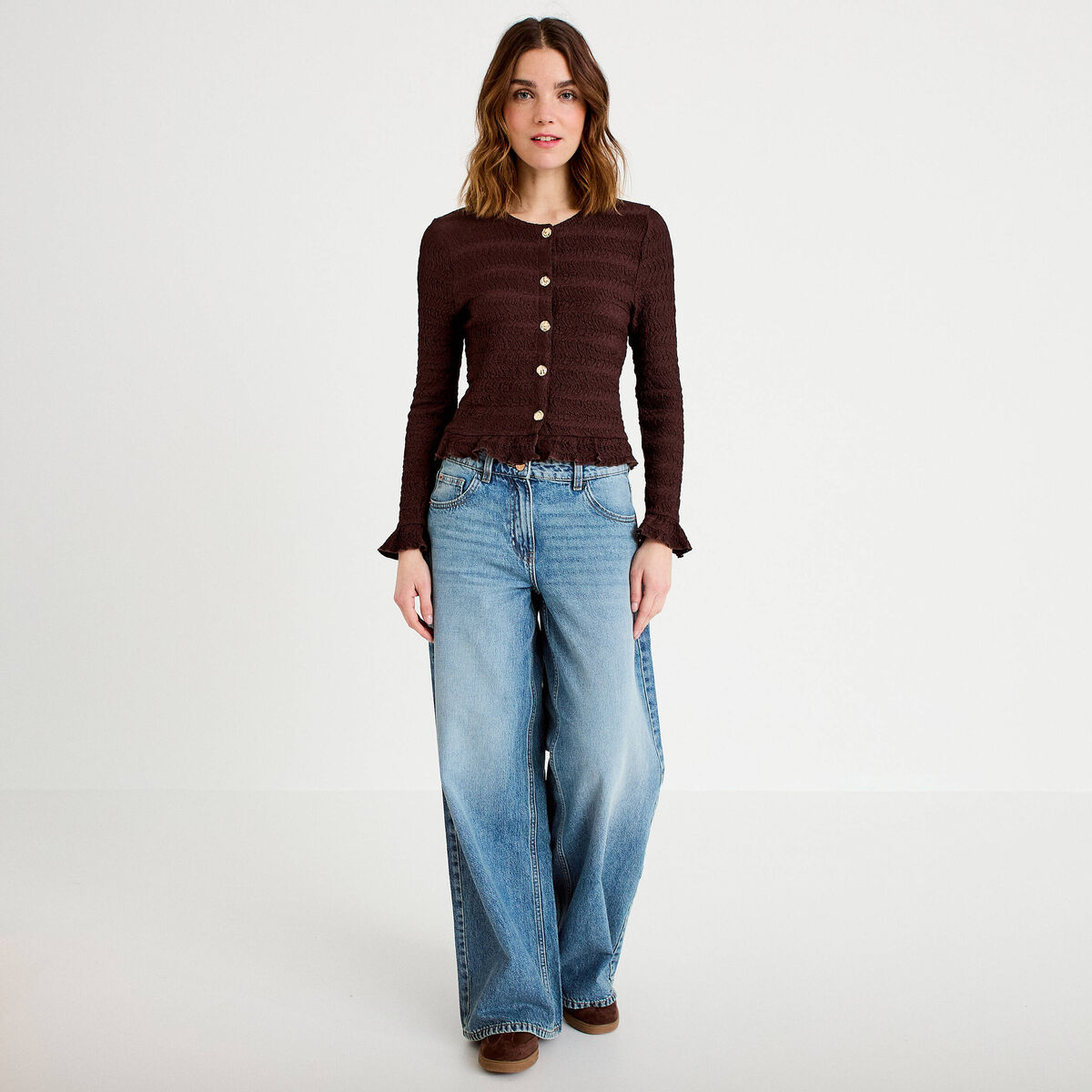 Gilet col rond manches longues bordeaux femme